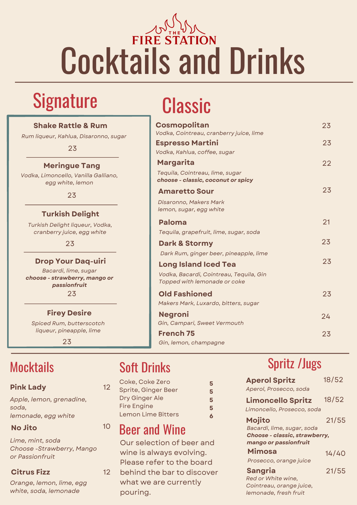 The Firestation cocktail menu with signature cocktails, classics, mocktails, spritzes and soft drinks