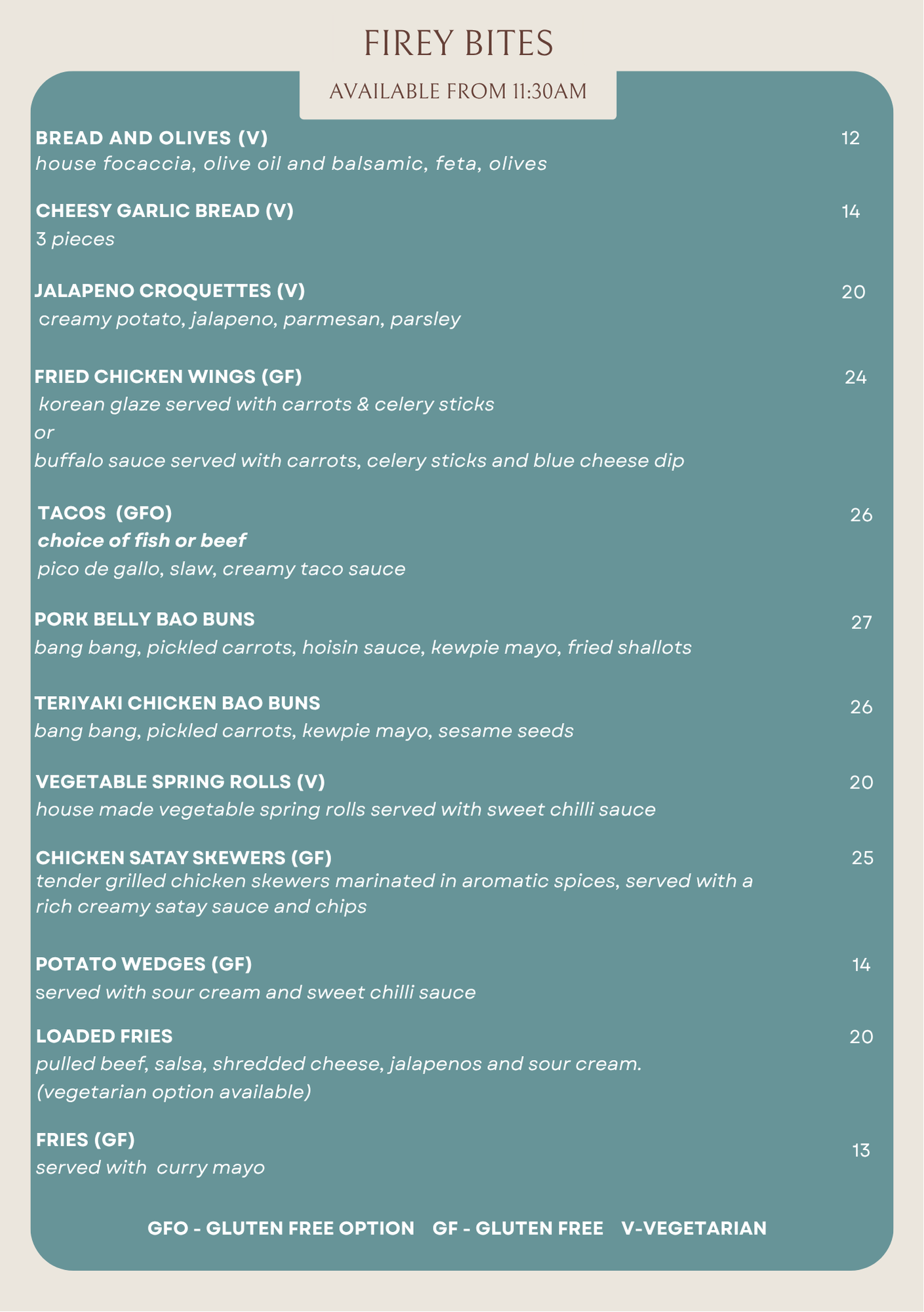 The Firestation Firey Bites menu